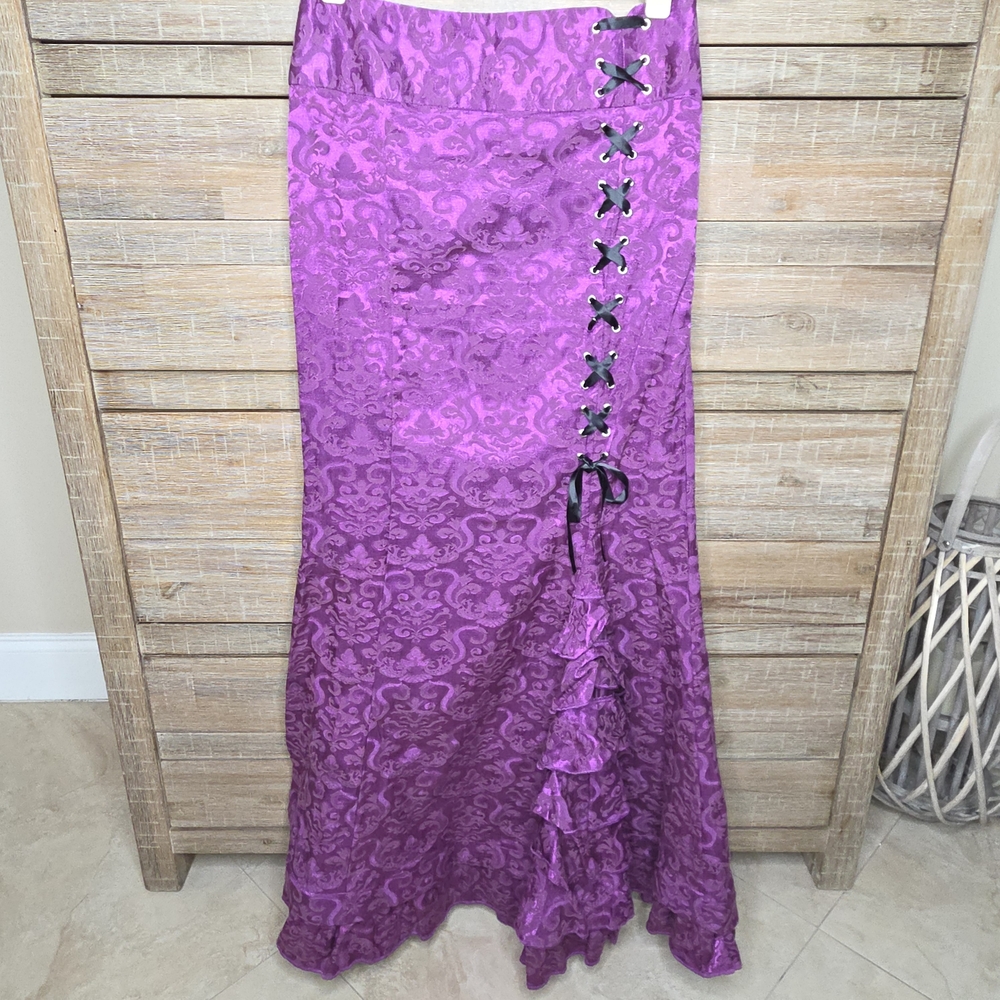 Belle Poque Hi-Waisted Ruffled Victorian Maxi Skirt Sz 10 Lace-up Whimsigoth